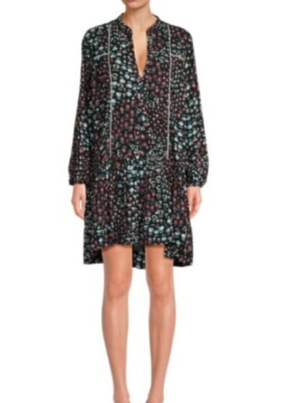 Poupette St. Barrs Sylvia Drop Waist Black Floral Long-Sleeve V-NeckTiered Dress